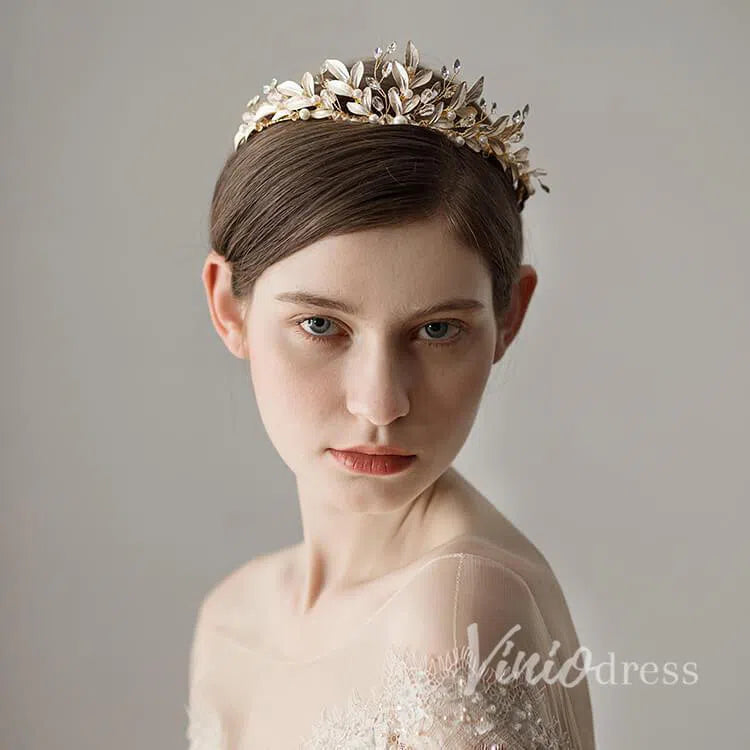 Crystals and Pearls Gold Tiaras with Leaves Viniodress AC1088-Headpieces 2025 -Viniodress-Gold-