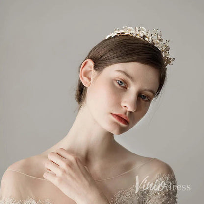 Crystals and Pearls Gold Tiaras with Leaves Viniodress AC1088-Headpieces 2025 -Viniodress-Gold-