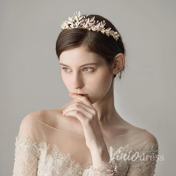 Crystals and Pearls Gold Tiaras with Leaves Viniodress AC1088-Headpieces 2025 -Viniodress-Gold-
