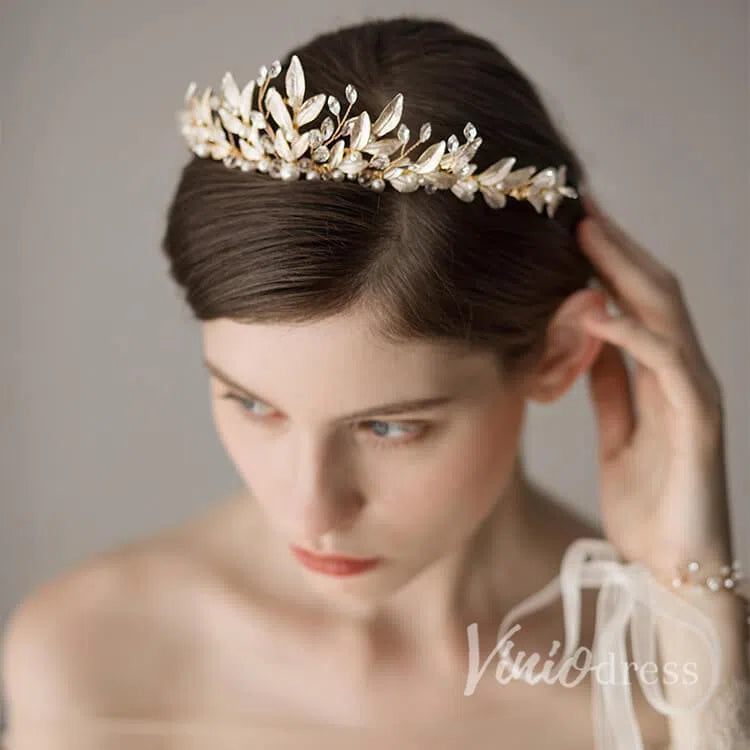 Crystals and Pearls Gold Tiaras with Leaves Viniodress AC1088-Headpieces-Viniodress-Gold-Viniodress