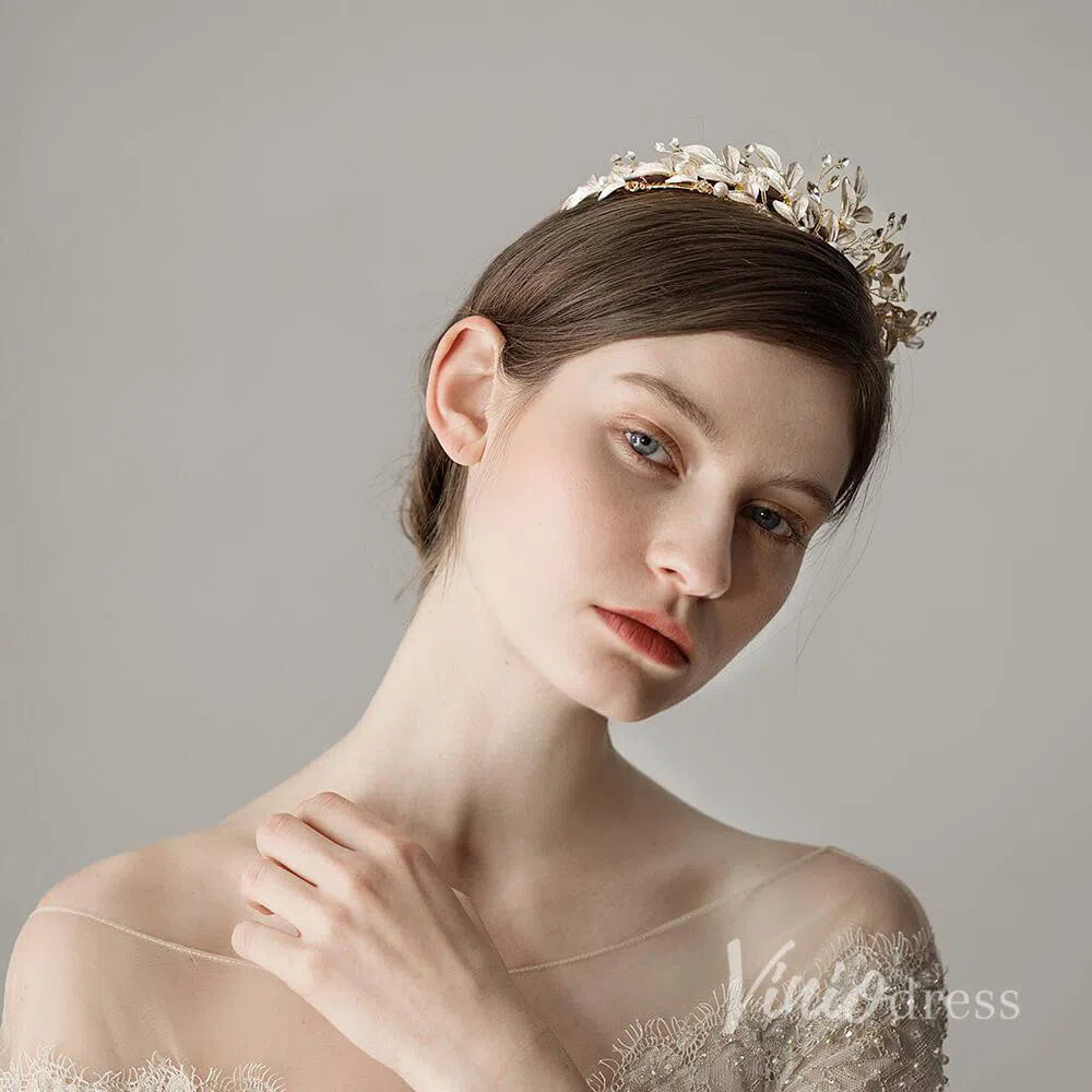 Crystals and Pearls Gold Tiaras with Leaves Viniodress AC1088-Headpieces-Viniodress-Gold-Viniodress