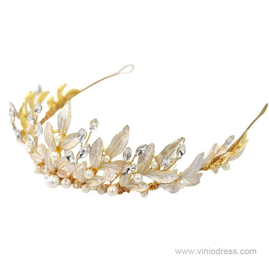 Crystals and Pearls Gold Tiaras with Leaves Viniodress AC1088-Headpieces-Viniodress-Gold-Viniodress