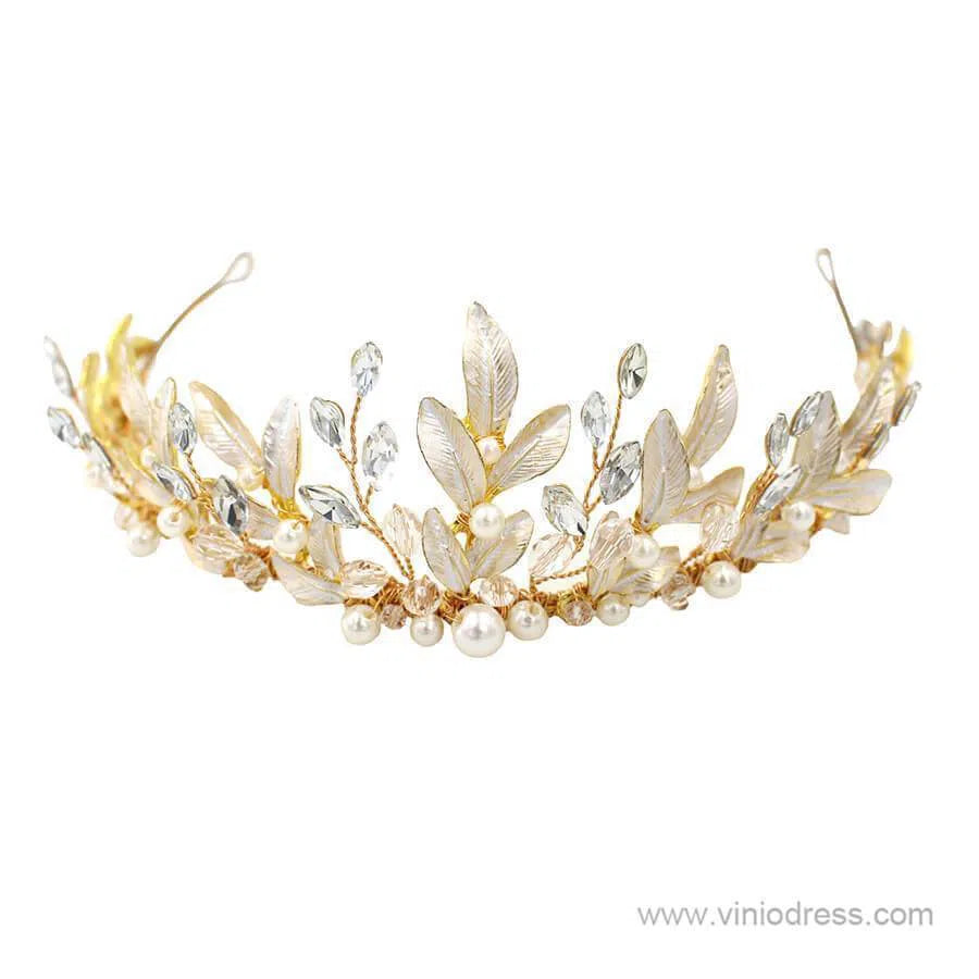 Crystals and Pearls Gold Tiaras with Leaves Viniodress AC1088-Headpieces-Viniodress-Gold-Viniodress