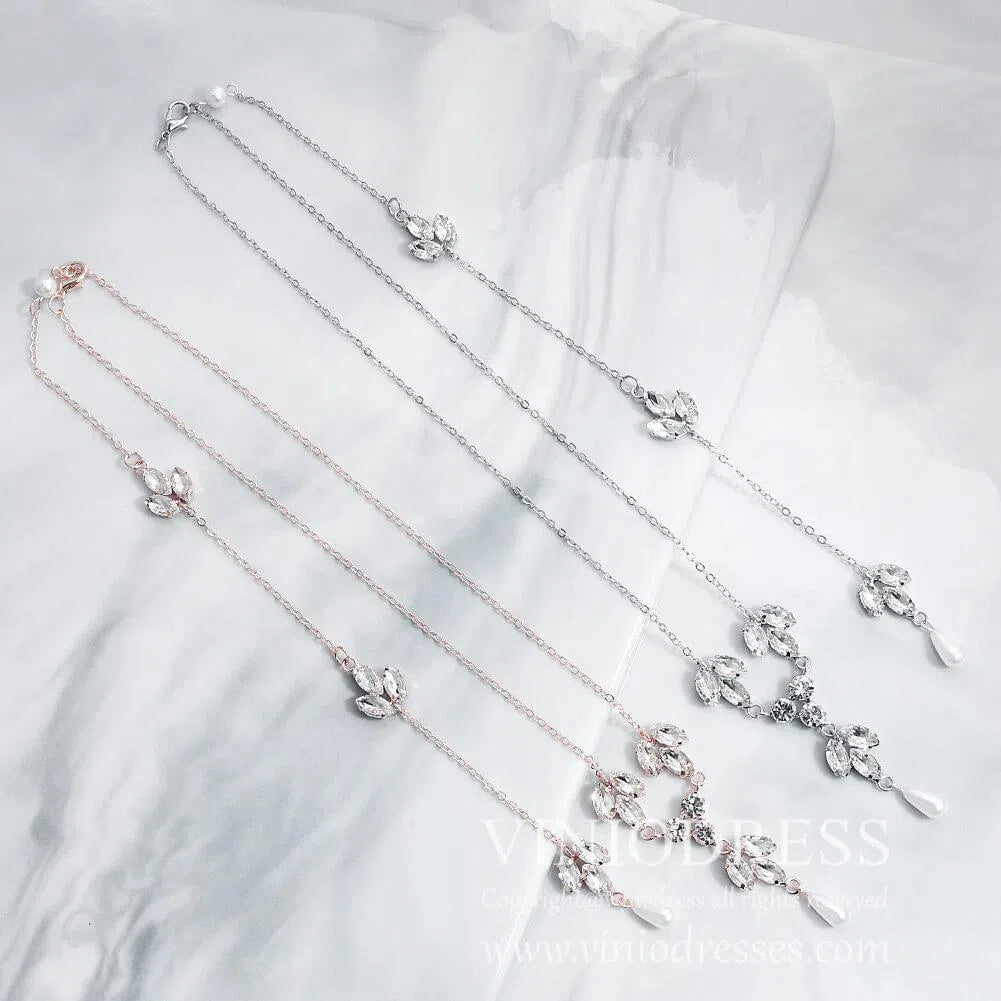 Crystals and Pearls Tie Backdrop Necklace Viniodress AC1026-Bridal Jewelry 2025 -Viniodress-Silver-