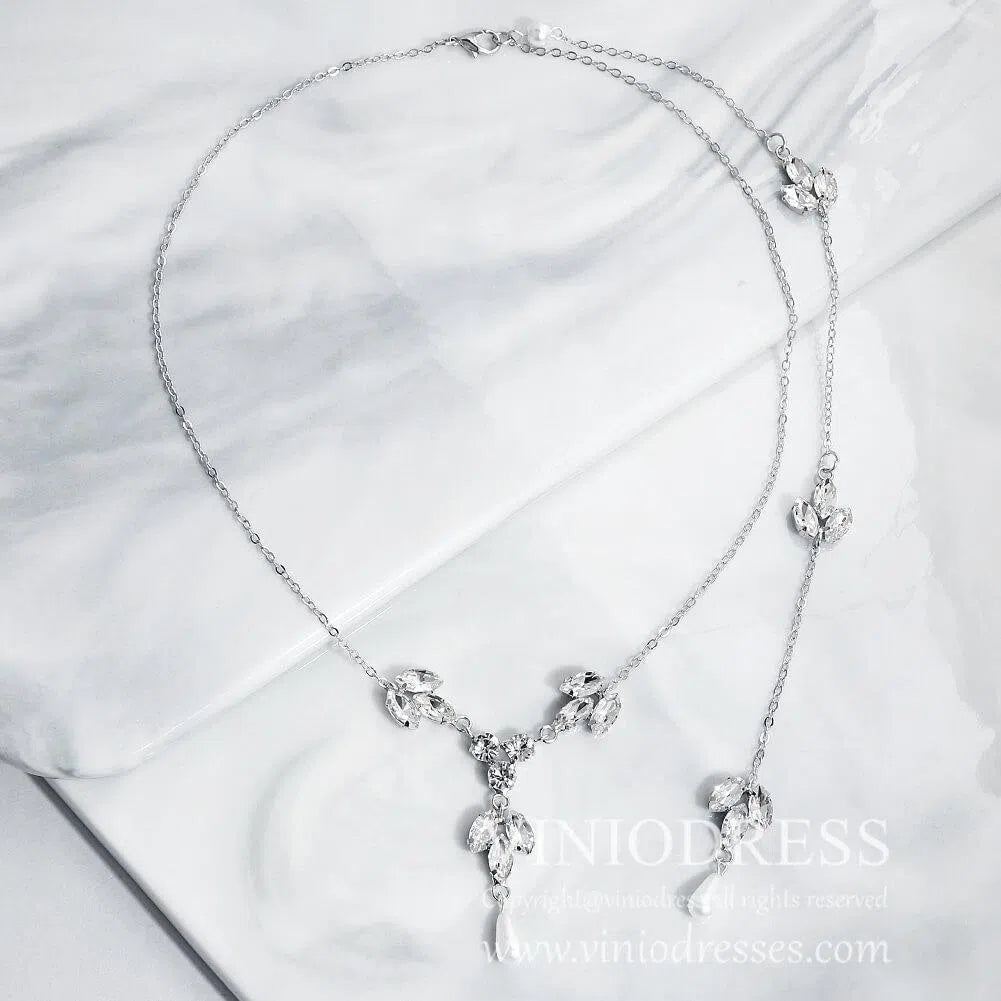 Crystals and Pearls Tie Backdrop Necklace Viniodress AC1026-Bridal Jewelry-Viniodress-Viniodress