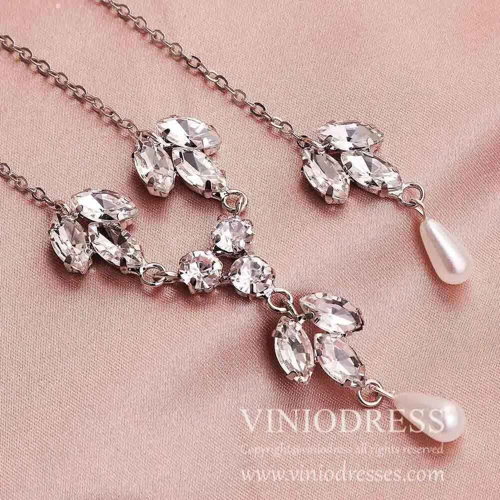 Crystals and Pearls Tie Backdrop Necklace Viniodress AC1026-Bridal Jewelry-Viniodress-Viniodress