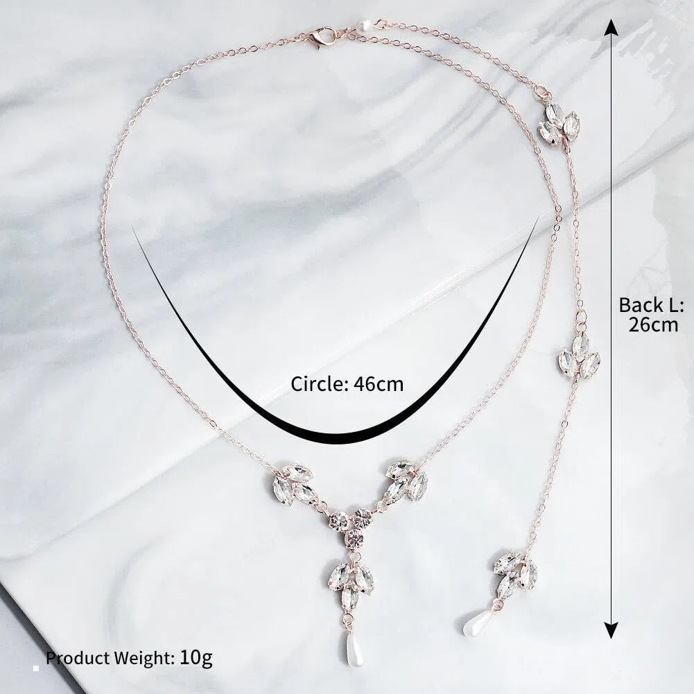 Crystals and Pearls Tie Backdrop Necklace Viniodress AC1026-Bridal Jewelry-Viniodress-Rose Gold-Viniodress