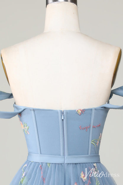 Cute A Line Lace Applique Homecoming Dresses Off the Shoulder Back to School Dress S24009-prom dresses 2025 -Viniodress-Dusty Blue-Custom Size-