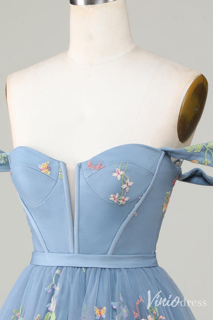 Cute A Line Lace Applique Homecoming Dresses Off the Shoulder Back to School Dress S24009-prom dresses 2025 -Viniodress-Dusty Blue-Custom Size-