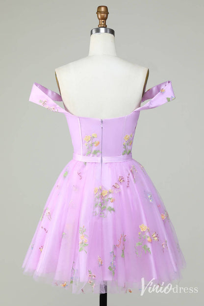 Cute A Line Lace Applique Homecoming Dresses Off the Shoulder Back to School Dress S24009-prom dresses 2025 -Viniodress-Dusty Blue-Custom Size-