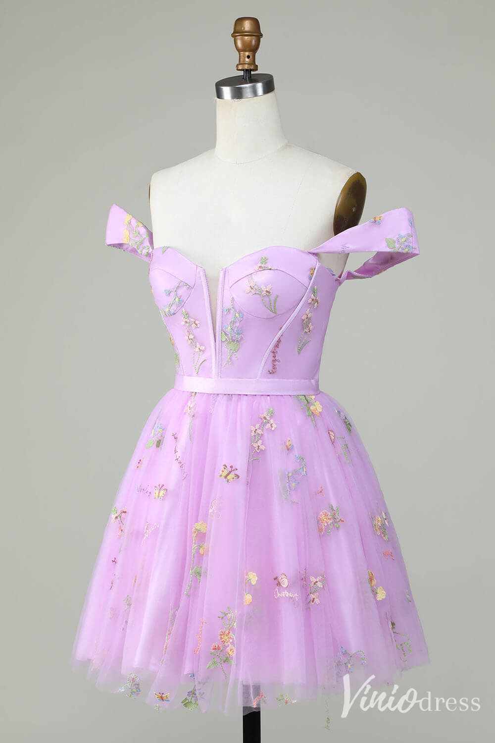 Cute A Line Lace Applique Homecoming Dresses Off the Shoulder Back to School Dress S24009-prom dresses 2025 -Viniodress-Dusty Blue-Custom Size-