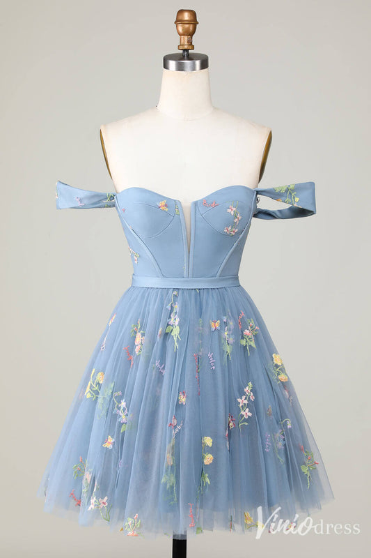 Cute A Line Lace Applique Homecoming Dresses Off the Shoulder Back to School Dress S24009-prom dresses 2025 -Viniodress-Dusty Blue-Custom Size-