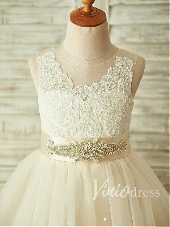 Cute Champagne Flower Girl Dresses with Beading Sash GL1016-flower girl dresses 2025 -Viniodress-Champagne-Custom Size-