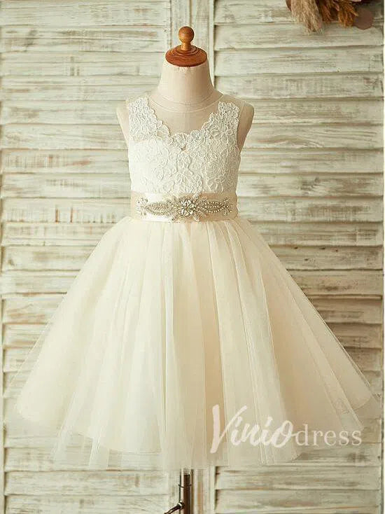Cute Champagne Flower Girl Dresses with Beading Sash GL1016-flower girl dresses 2025 -Viniodress-Champagne-Custom Size-