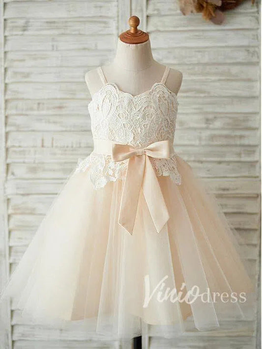 Cute Champagne Spaghetti Strap Flower Girl Dresses GL1023-flower girl dresses 2025 -Viniodress-Champagne-Custom Size-
