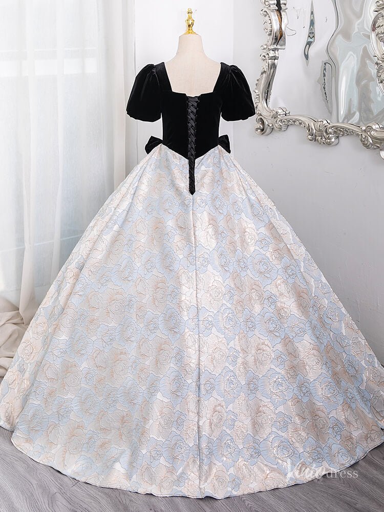 Cute Floral Print Jacquard Prom Ball Gown Puffed Sleeve Quinceanera Dresses BG014-prom dresses 2025 -Viniodress-Black-Custom Size-