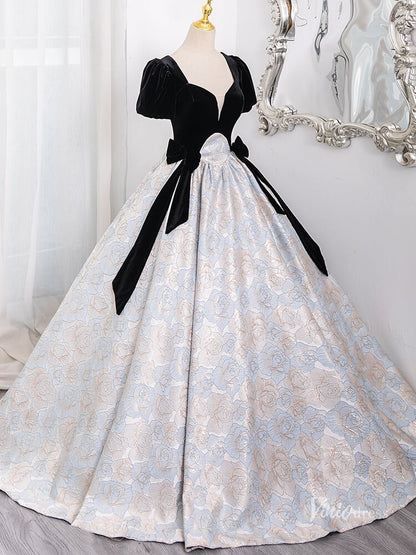 Cute Floral Print Jacquard Prom Ball Gown Puffed Sleeve Quinceanera Dresses BG014-prom dresses 2025 -Viniodress-Black-Custom Size-