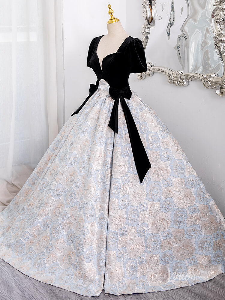 Prom Dress 2025 Cute Floral Print Jacquard Prom Ball Gown Puffed Sleeve Quinceanera Dresses BG014-unique prom dresses-Black-Custom Size-Viniodress