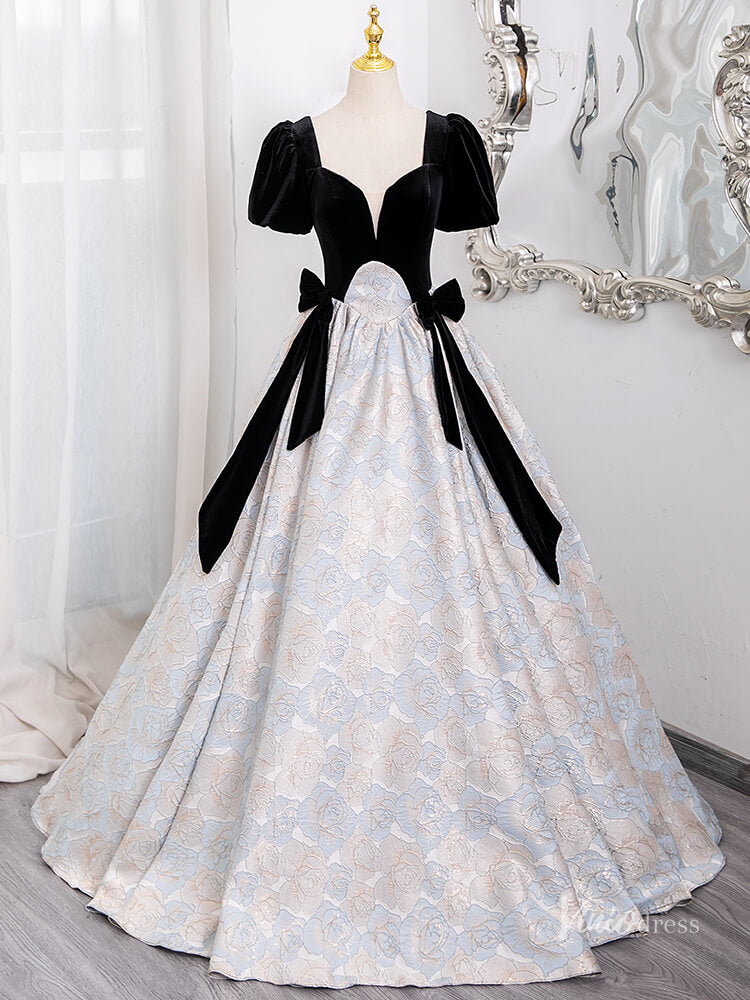 Prom Dress 2025 Cute Floral Print Jacquard Prom Ball Gown Puffed Sleeve Quinceanera Dresses BG014-unique prom dresses-Black-Custom Size-Viniodress