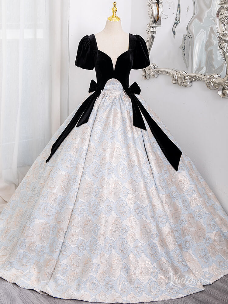 Prom Dress 2025 Cute Floral Print Jacquard Prom Ball Gown Puffed Sleeve Quinceanera Dresses BG014-unique prom dresses-Black-Custom Size-Viniodress