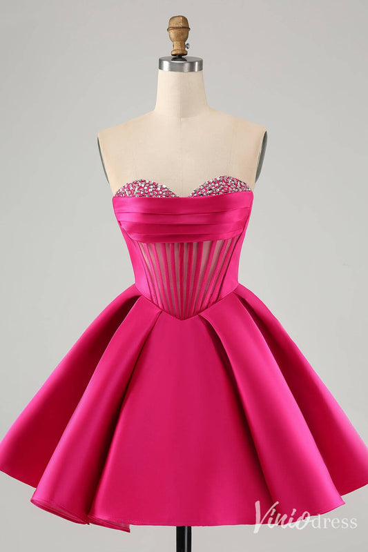 Cute Fuchsia Sweetheart Homecoming Dresses A Line Satin Back to School Dress S24016-prom dresses 2025 -Viniodress-Fuchsia-Custom Size-
