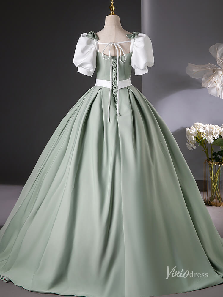 Cute Green Puffed Sleeve Bow Prom Ball Gown Satin Belt Quinceanera Dresses BG016-prom dresses 2025 -Viniodress-Green-Custom Size-