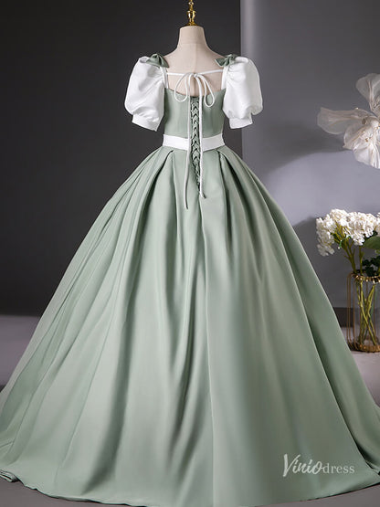 Cute Green Puffed Sleeve Bow Prom Ball Gown Satin Belt Quinceanera Dresses BG016-prom dresses 2025 -Viniodress-Green-Custom Size-