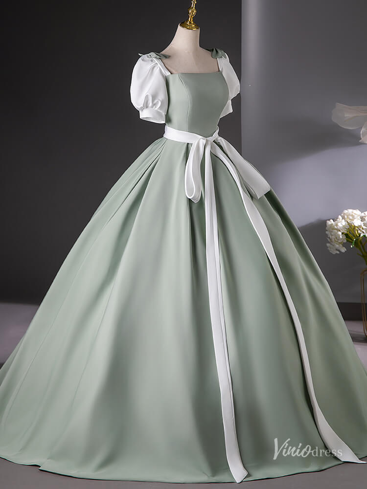 Cute Green Puffed Sleeve Bow Prom Ball Gown Satin Belt Quinceanera Dresses BG016-prom dresses 2025 -Viniodress-Green-Custom Size-