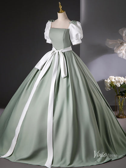 Cute Green Puffed Sleeve Bow Prom Ball Gown Satin Belt Quinceanera Dresses BG016-prom dresses 2025 -Viniodress-Green-Custom Size-