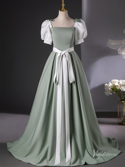 Cute Green Puffed Sleeve Bow Prom Ball Gown Satin Belt Quinceanera Dresses BG016-prom dresses 2025 -Viniodress-Green-Custom Size-