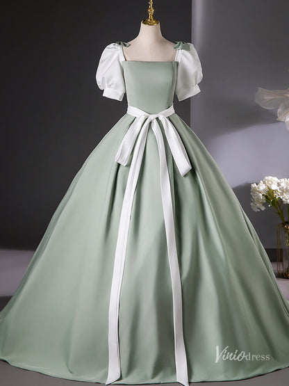 Cute Green Puffed Sleeve Bow Prom Ball Gown Satin Belt Quinceanera Dresses BG016-prom dresses 2025 -Viniodress-Green-Custom Size-