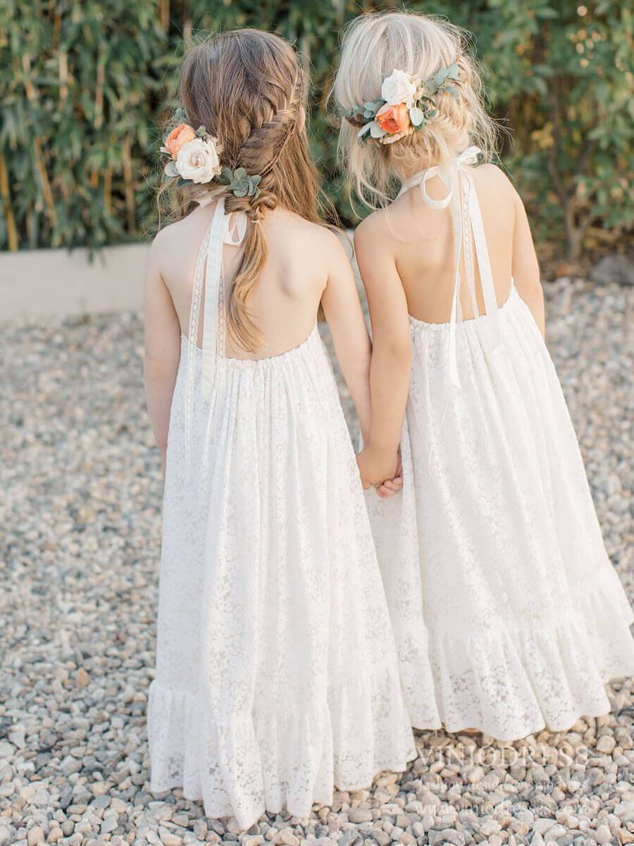 Cute Halter Lace Flower Girl Dresses for Beach Wedding GL1085-flower girl dresses 2025 -Viniodress-Ivory-Custom Size-