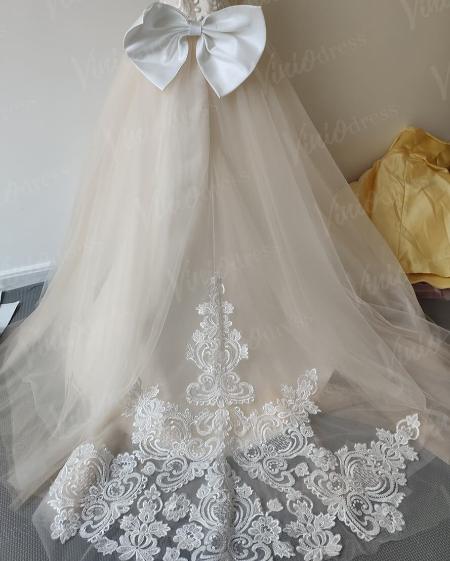 Cute Ivory Lace Princess Flower Girl Dresses with Long Train GL1031-flower girl dresses 2025 -Viniodress-Champagne-Custom Size-