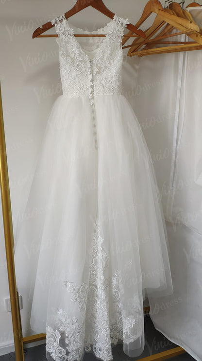 Cute Ivory Lace Princess Flower Girl Dresses with Long Train GL1031-flower girl dresses 2025 -Viniodress-Ivory-Custom Size-