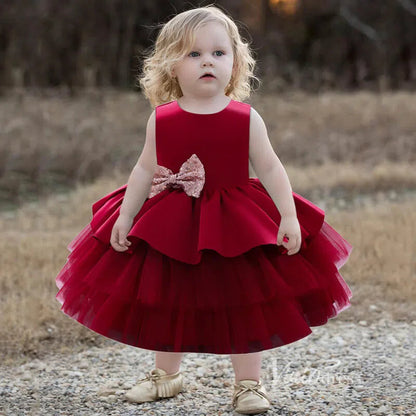 Cute Layered Flower Girl Dresses with Bow GL1135-flower girl dresses 2025 -Viniodress-Dark Red-Custom Size-