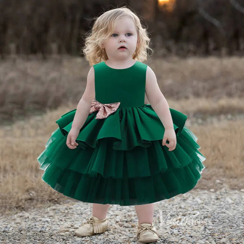 Cute Layered Flower Girl Dresses with Bow GL1135-flower girl dresses-Viniodress-Emerald Green-Custom Size-Viniodress