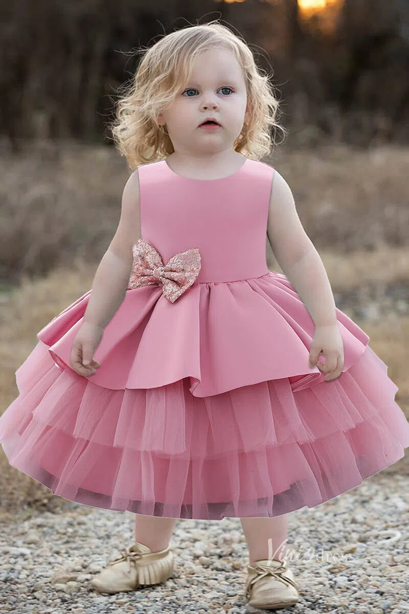 Cute Layered Flower Girl Dresses with Bow GL1135-flower girl dresses-Viniodress-Pink-Custom Size-Viniodress