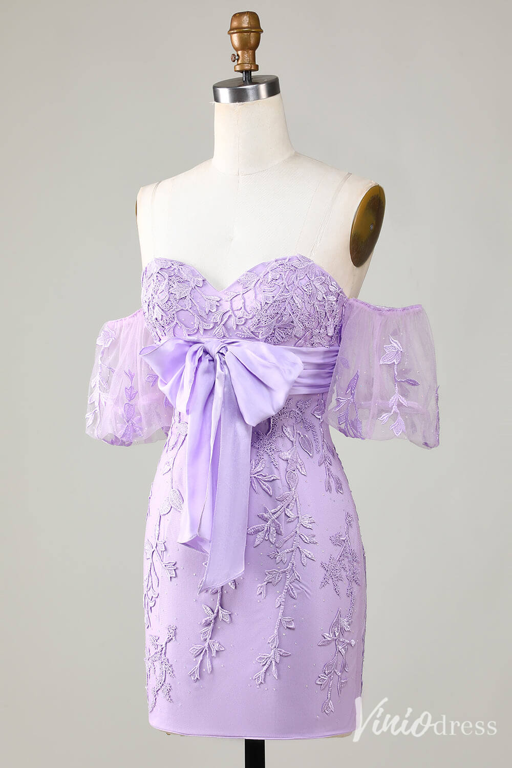 Cute Lilac Sweetheart Neck Homecoming Dresses Lace Bow Puffed Sleeve Bodycon Dress S24006-prom dresses 2025 -Viniodress-Lilac-Custom Size-