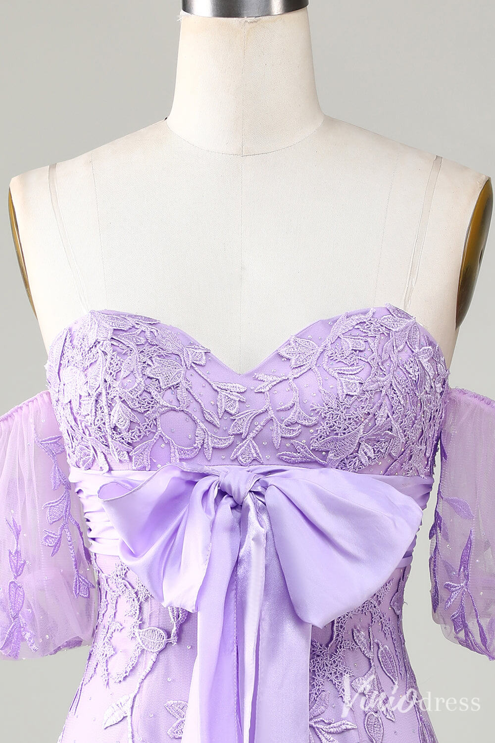Cute Lilac Sweetheart Neck Homecoming Dresses Lace Bow Puffed Sleeve Bodycon Dress S24006-prom dresses 2025 -Viniodress-Lilac-Custom Size-