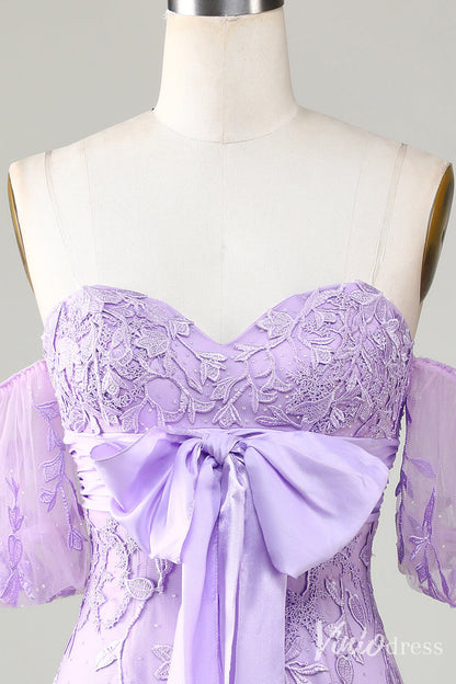 Cute Lilac Sweetheart Neck Homecoming Dresses Lace Bow Puffed Sleeve Bodycon Dress S24006-prom dresses 2025 -Viniodress-Lilac-Custom Size-