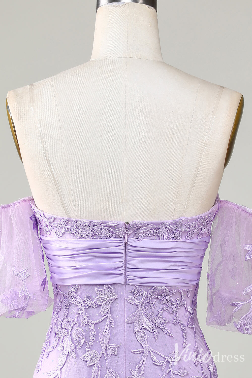 Cute Lilac Sweetheart Neck Homecoming Dresses Lace Bow Puffed Sleeve Bodycon Dress S24006-prom dresses 2025 -Viniodress-Lilac-Custom Size-