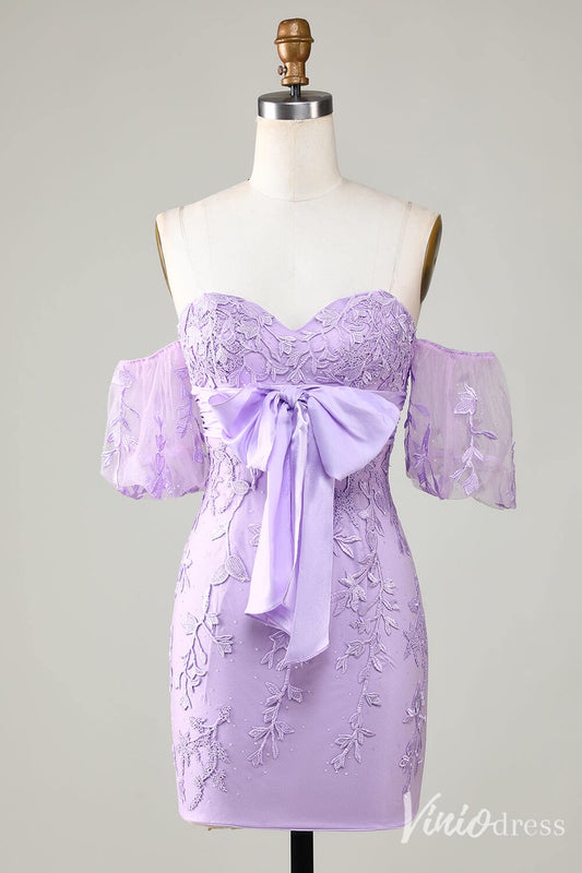 Cute Lilac Sweetheart Neck Homecoming Dresses Lace Bow Puffed Sleeve Bodycon Dress S24006-prom dresses 2025 -Viniodress-Lilac-Custom Size-