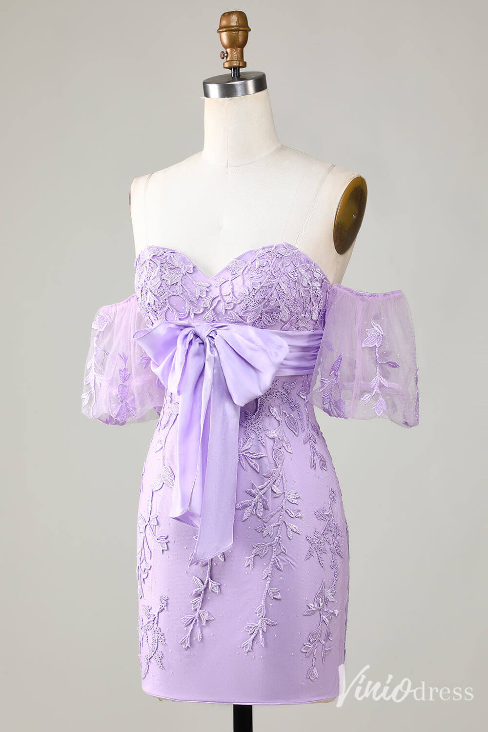 Cute Lilac Sweetheart Neck Homecoming Dresses Lace Bow Puffed Sleeve Bodycon Dress S24006-prom dresses-Viniodress-Viniodress