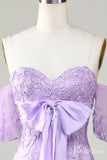 Cute Lilac Sweetheart Neck Homecoming Dresses Lace Bow Puffed Sleeve Bodycon Dress S24006-prom dresses-Viniodress-Viniodress