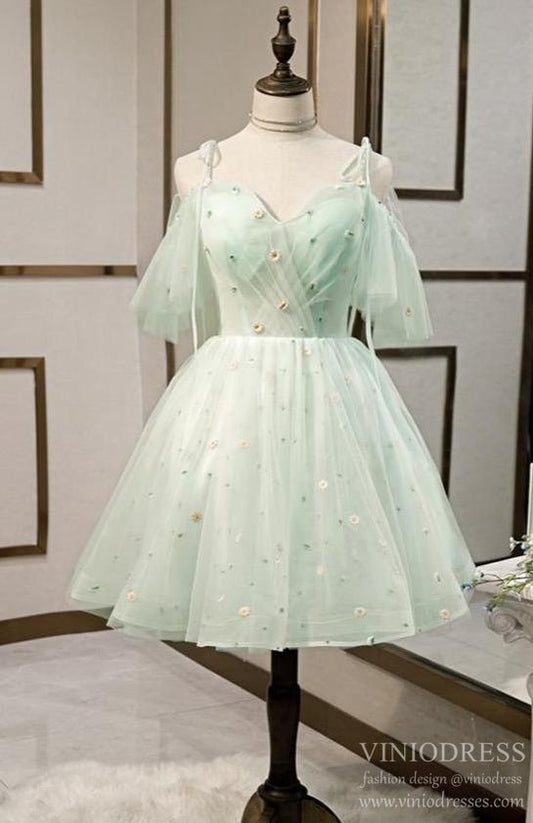 Cute Mint Lace Homecoming Dresses Off Shoulder Sleeve Graduation Dress SD1381-Homecoming Dresses 2025 -VINIODRESS-US2-Mint-