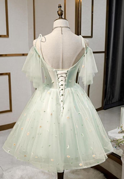 Cute Mint Lace Homecoming Dresses Off Shoulder Sleeve Graduation Dress SD1381-Homecoming Dresses 2025 -VINIODRESS-US2-Mint-