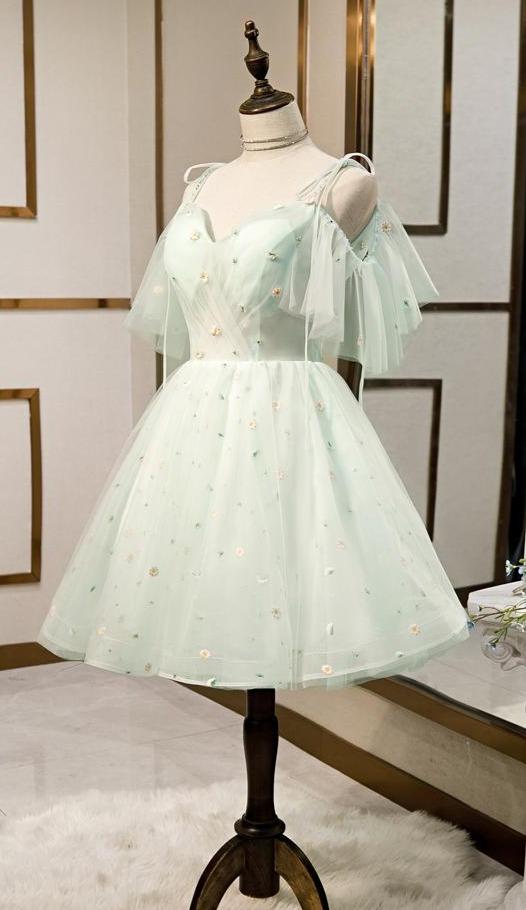 Cute Mint Lace Homecoming Dresses Off Shoulder Sleeve Graduation Dress SD1381-Homecoming Dresses 2025 -VINIODRESS-US2-Mint-