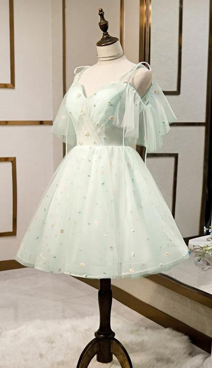 Cute Mint Lace Homecoming Dresses Off Shoulder Sleeve Graduation Dress SD1381-Homecoming Dresses 2025 -VINIODRESS-US2-Mint-