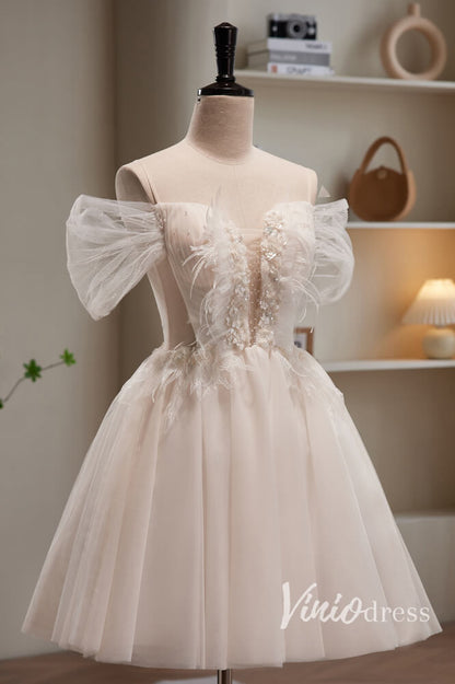 Cute Off the Shoulder Homecoming Dresses Short Prom Dress with Feathers SD1616-prom dresses 2025 -Viniodress-Ivory-Custom Size-