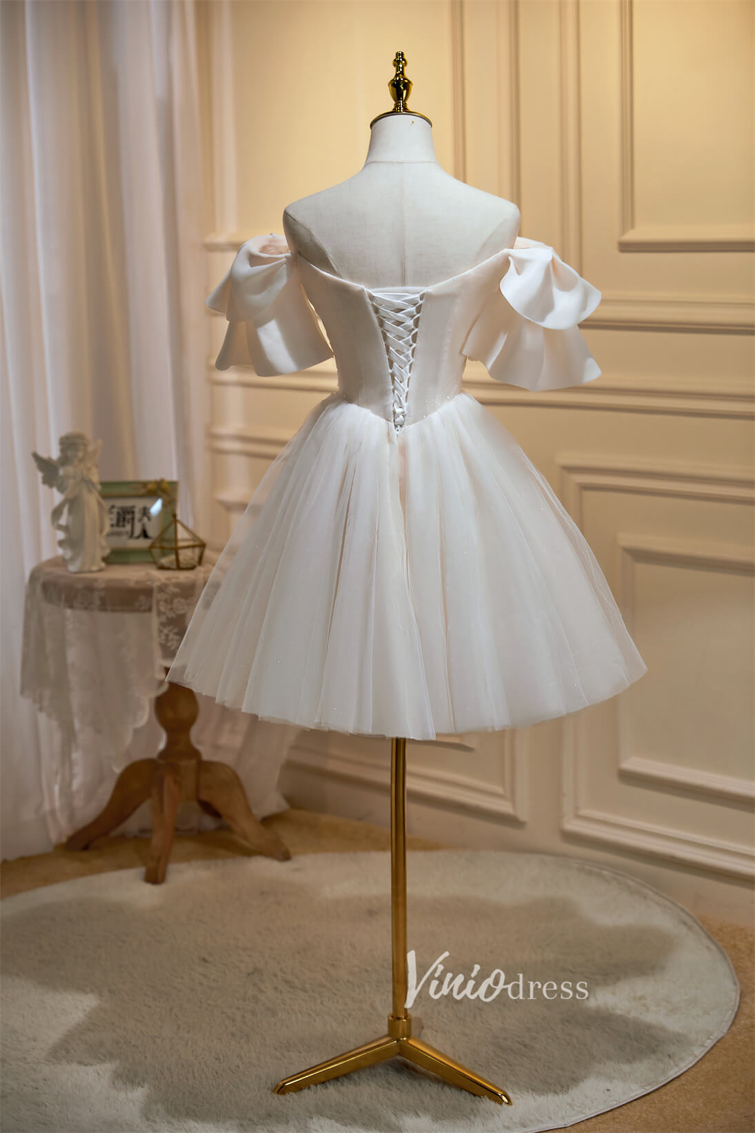 Cute Off the Shoulder Homecoming Dresses Short Sleeve Graduation Dress SD1503-Dresses 2025 -Viniodress-Ivory-Custom Size-